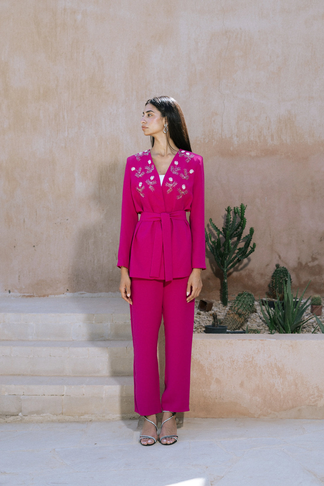 Fushia two piece suit flower pattern