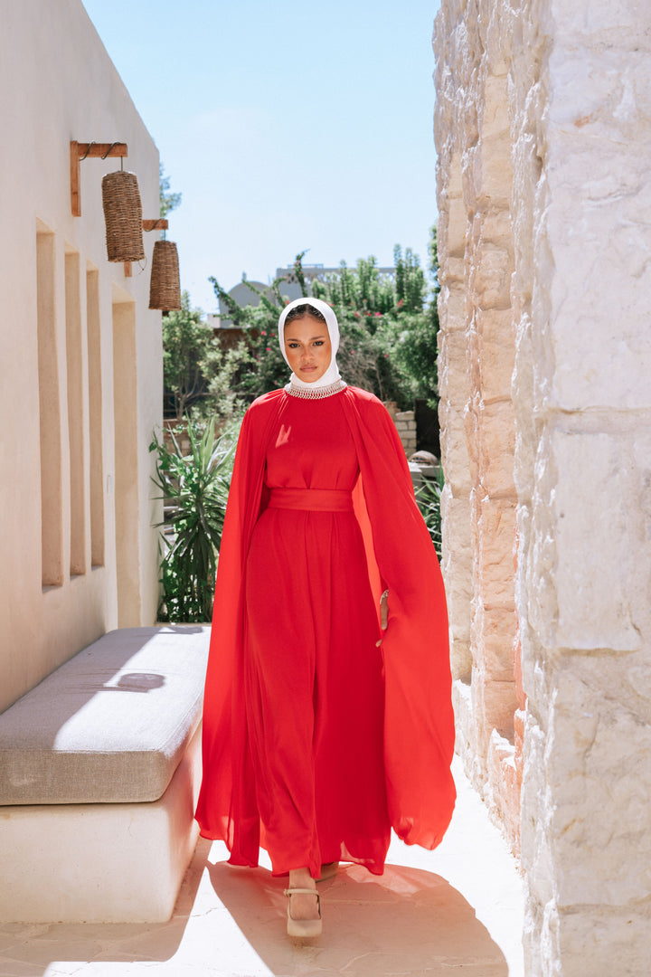 Multi Chiffon Cape Dress Red