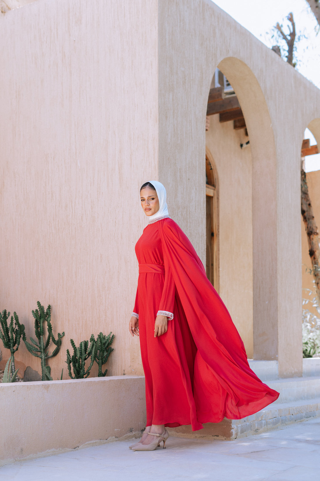 Multi Chiffon Cape Dress Red