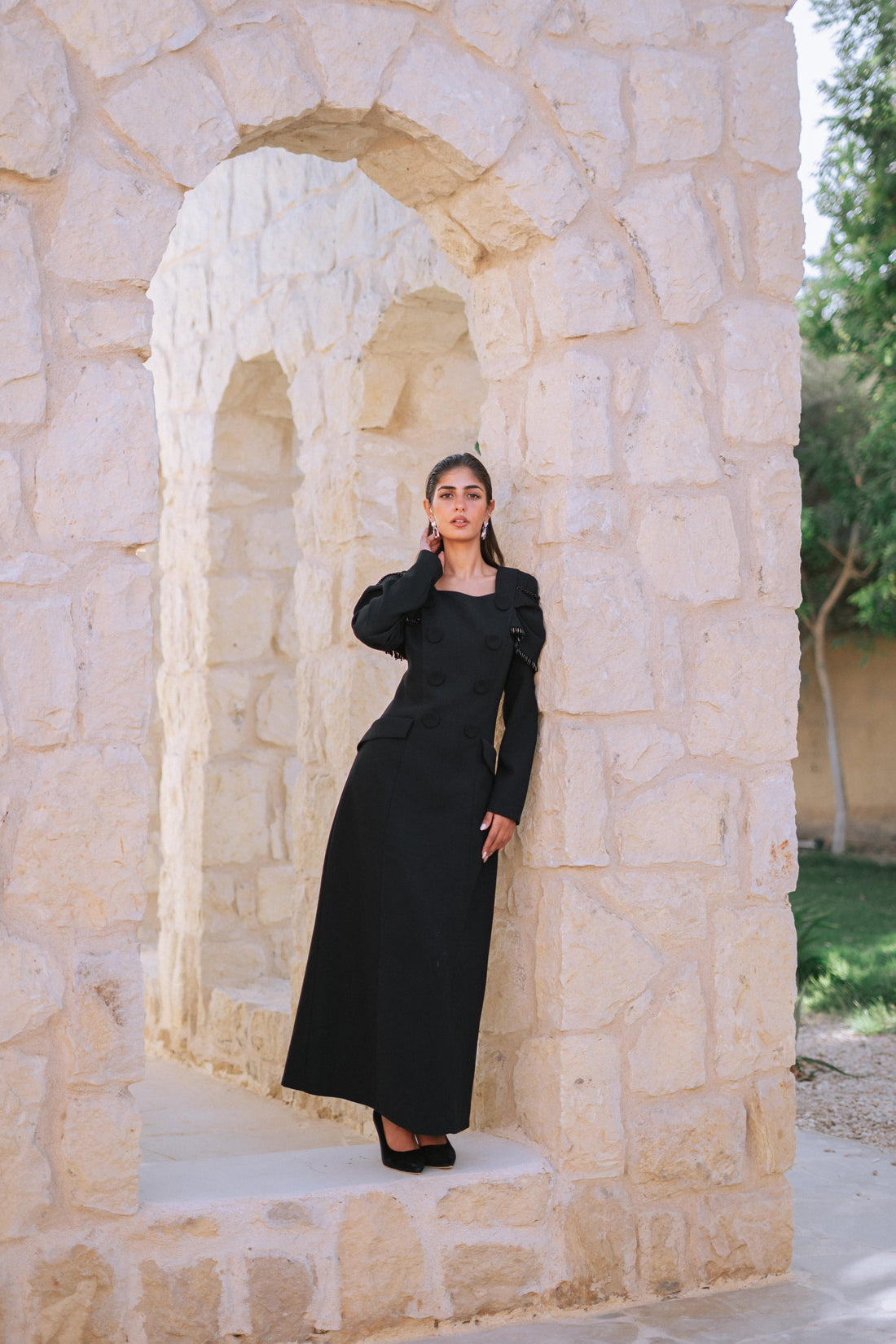 Collar Long Dress Black with black bottons