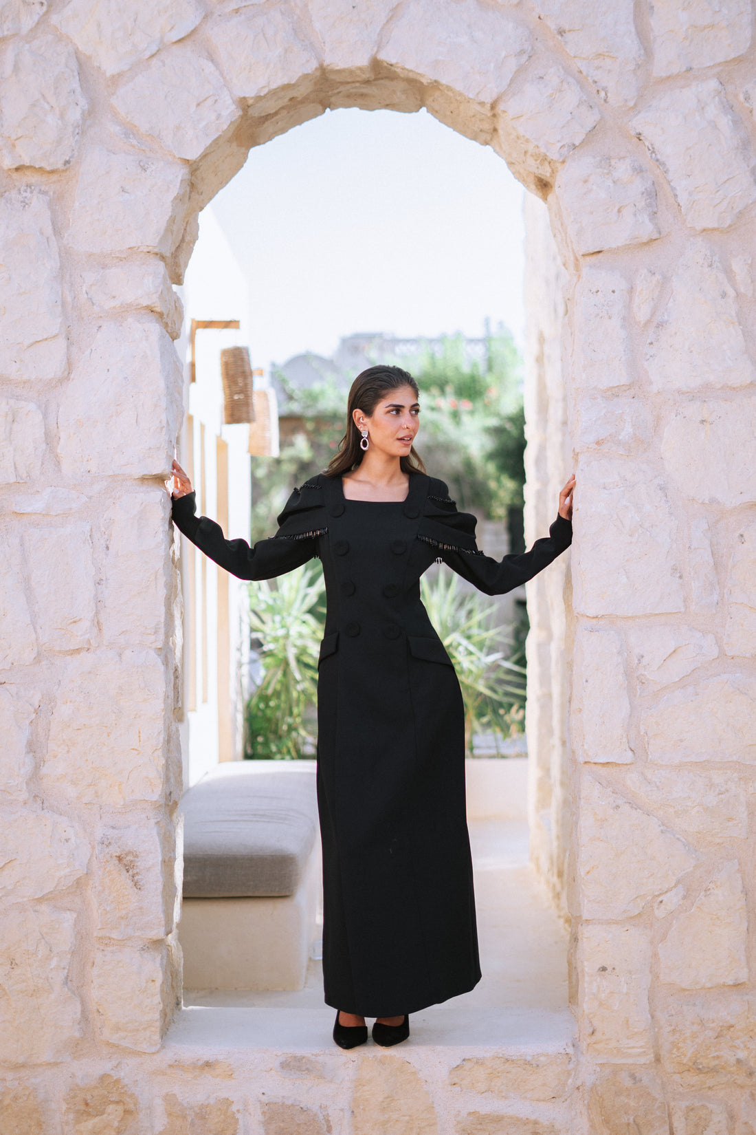 Collar Long Dress Black with black bottons