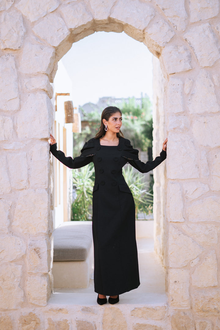 Collar Long Dress Black with black bottons