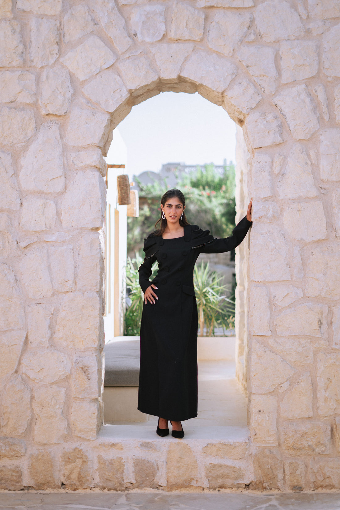 Collar Long Dress Black with black bottons