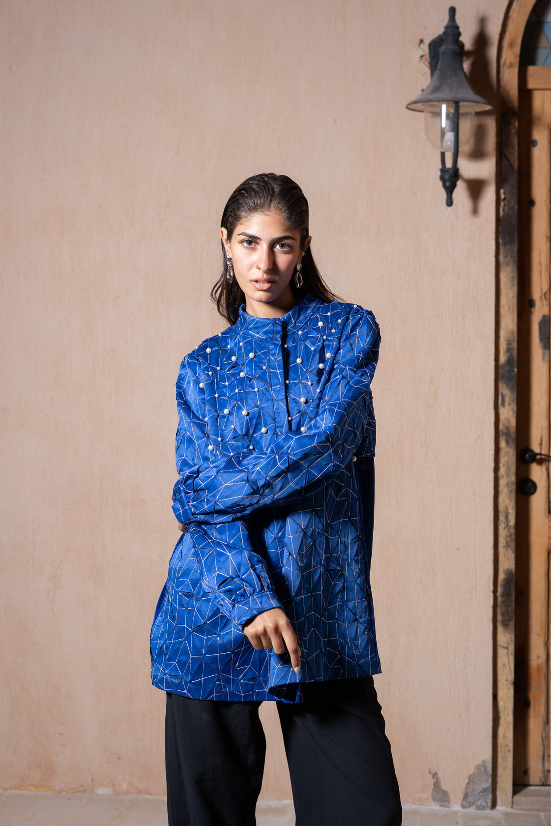 Blue Pearl Embroidered Jacket Blouse