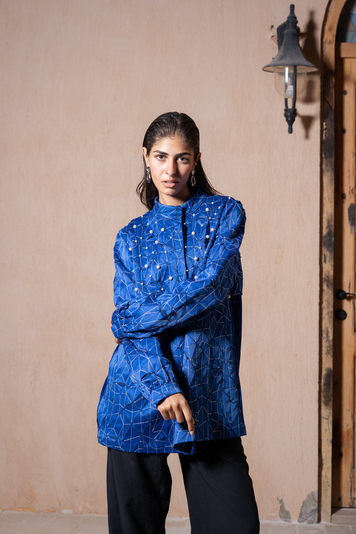 Blue Pearl Embroidered Jacket Blouse