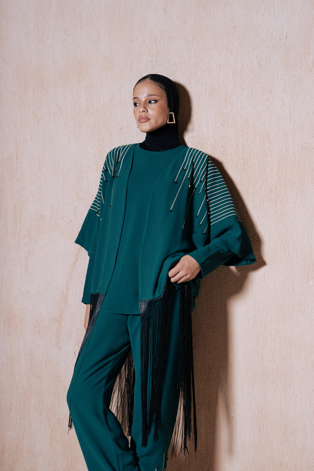 Tassel Jacket Trousers Blouse Three Piece Suit Green