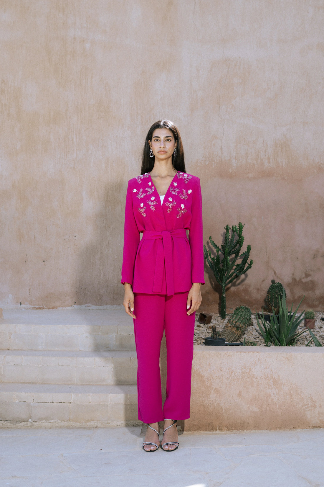 Fushia two piece suit flower pattern